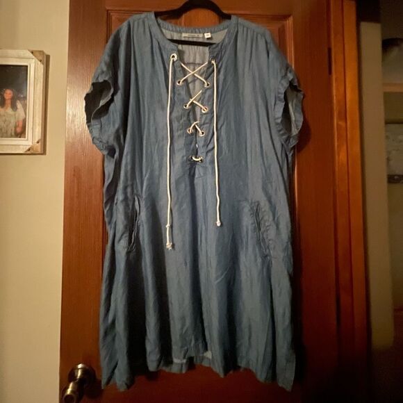 Denim look Beach Coverup with Tie String Front - Soft Material - Picture 1 of 6